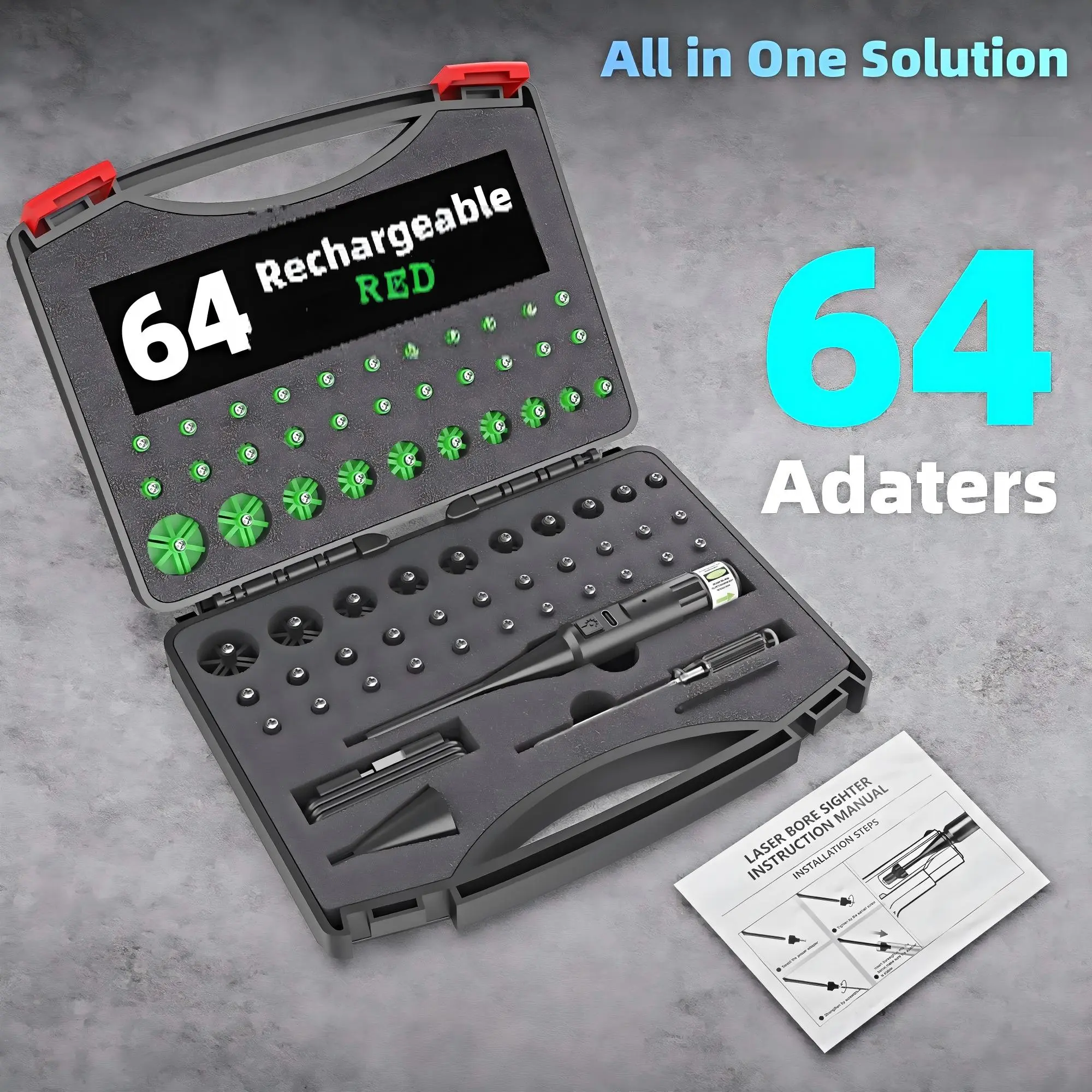 Professional Laser Bore Sighter Calibration Tool Kit with Dual Red and Green Lasers, Includes 32/64 Universal Adapters