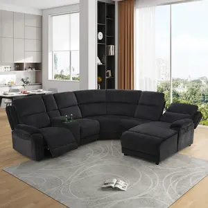 6-Piece Gray & Black Chenille Reclining Sofa Set, Durable Upholstery, Adjustable Recliner Design for Cozy Living Room & Relaxation Lounge