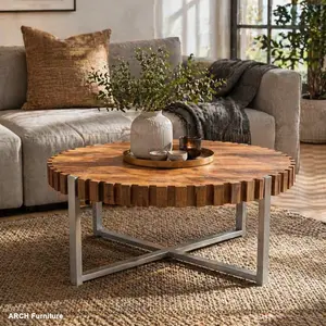 ARCH 31.4-inch living room circular coffee table, modern natural wood grain handmade drum shaped coffee table, wooden Felief coffee table, sturdy base coffee table