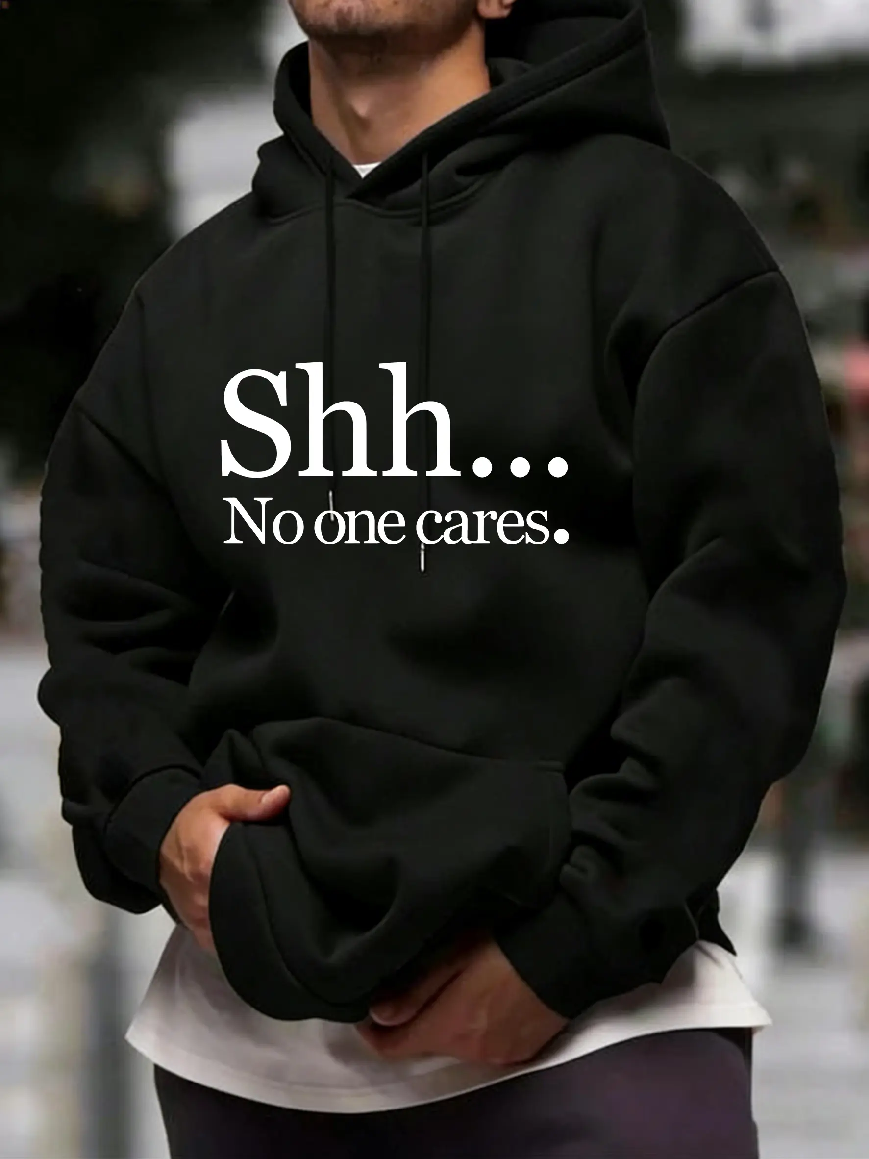 SHH... No One Cares Attitude Graphic Hoodie Retro Bold Statement Print Pullover Sweatshirt Oversized Streetwear Trendy Casual Cozy Top Hot Seller Fall Winter Essential