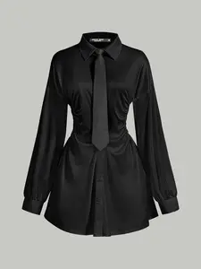 🖤 Drop Shoulder Ruched Waist Black Shirt Dress With Necktie, Chic And Flattering For Work Or Date Night.