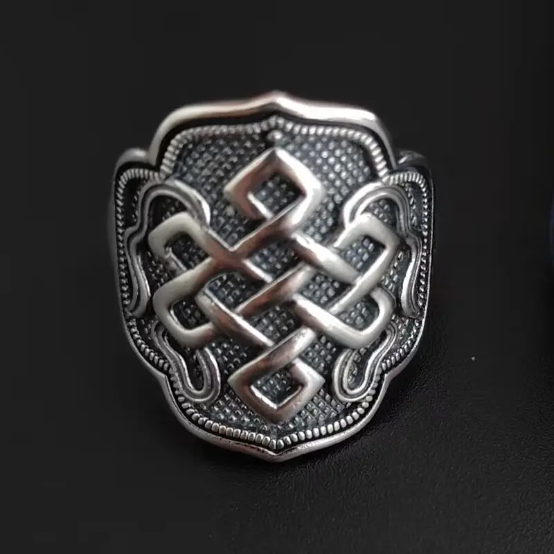 Chinese-style men's ring, Mongolian yuppie style, auspicious knot embossed ring with vintage craftsmanship Adjustable Fidget Stress Relief Rose Gold Plated Witches Crystal Rhinestone Heart Design Twist Promise Anime Matching Spinner