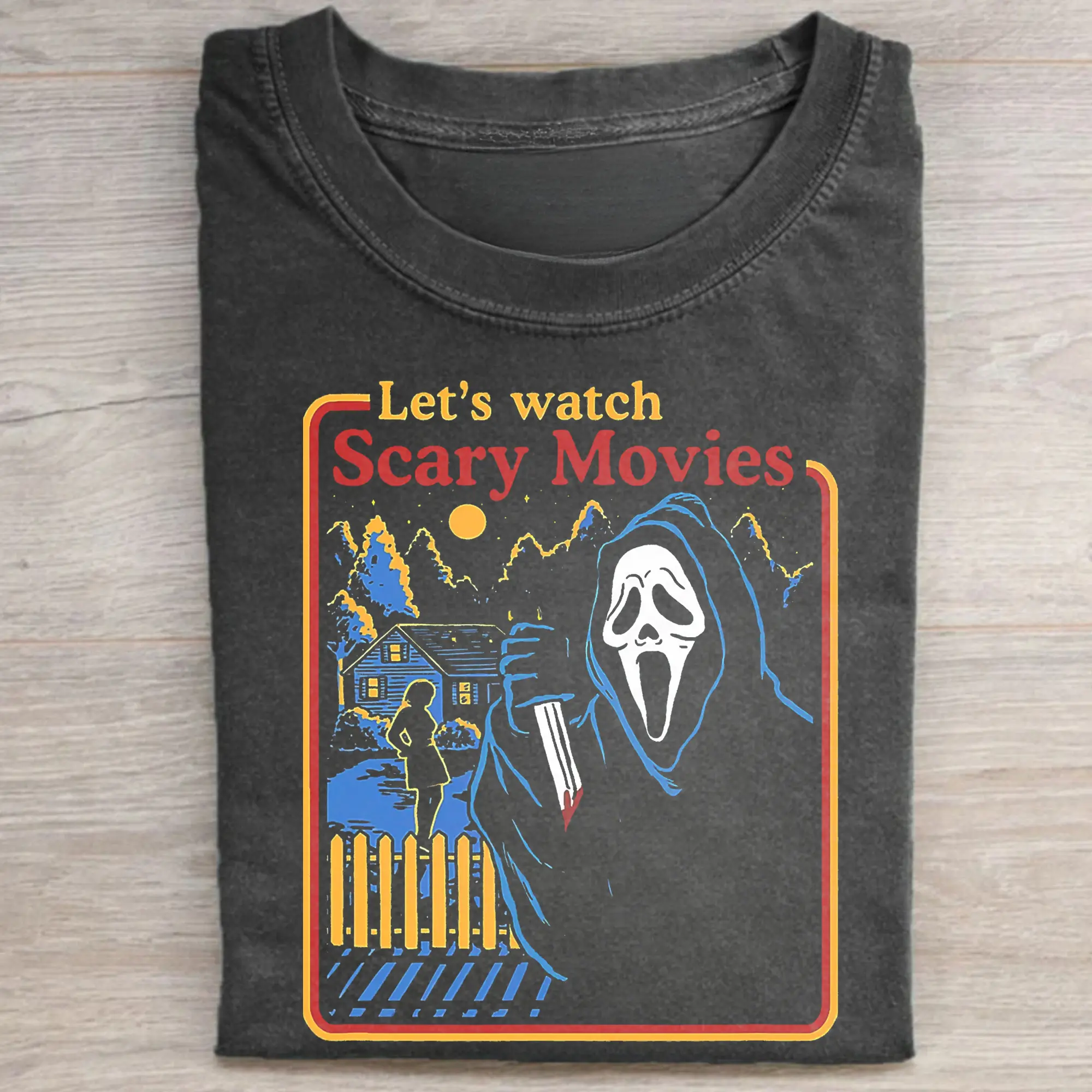 Vintage Let's Watch Scary Movies Graphic Tee - Scream Movie Shirt - Ghostface Tee - Horror Characters Tee - Woodsboro Horror Film Club Shirt - Iconic Villains From Horror Films - Spooky Season - Trick or Treat - Fall Season - All Seasons