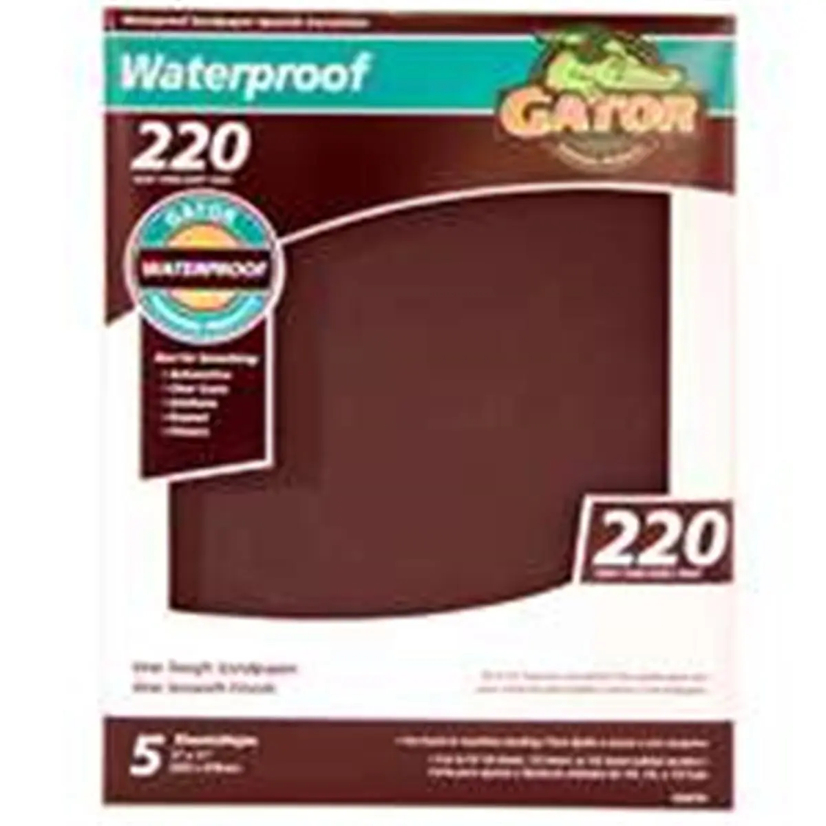 212 MAIN Gator 9x11 In. Waterproof Superfine 220 Grit Sandpaper, 5-Pack for Home & Repair, Automotive & Motorcycle Paint Care