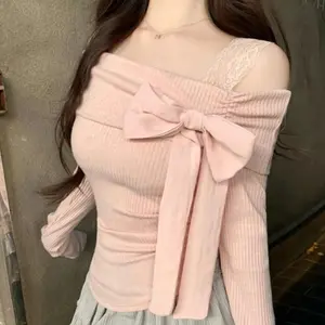 2000s off-shoulder sexy bow long-sleeve knit top for women, spring/autumn, elegant lace-up slim pullover fashion inner wear/base layer blouse