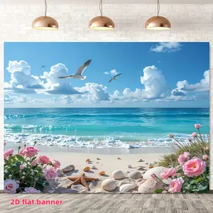 Seascape Banner with Blue Sky, Seagulls, Clouds, Beach Scene, Indoor Festival Decor, Summer Party, Large Event Supplies, Room Wall Decoration