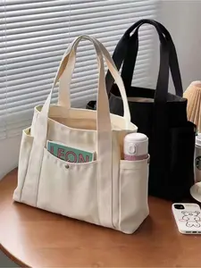 Women's Multi-Pocket Canvas Tote Bag, Large Capacity, Reusable, Multi-Compartment Design, Suitable For Daily Use And Travel, Student Handbag, Ideal For Beach Use, Office, Casual commuter bag, Lightweight Tote Bag