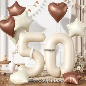50 Cream White Balloons, 50 Number Balloons Set, Beige Number 50 Balloons, Brown Sand White Foil Star Heart Balloon With Long Balloon For 50th Birthday Party 5th kids Shower Decoration