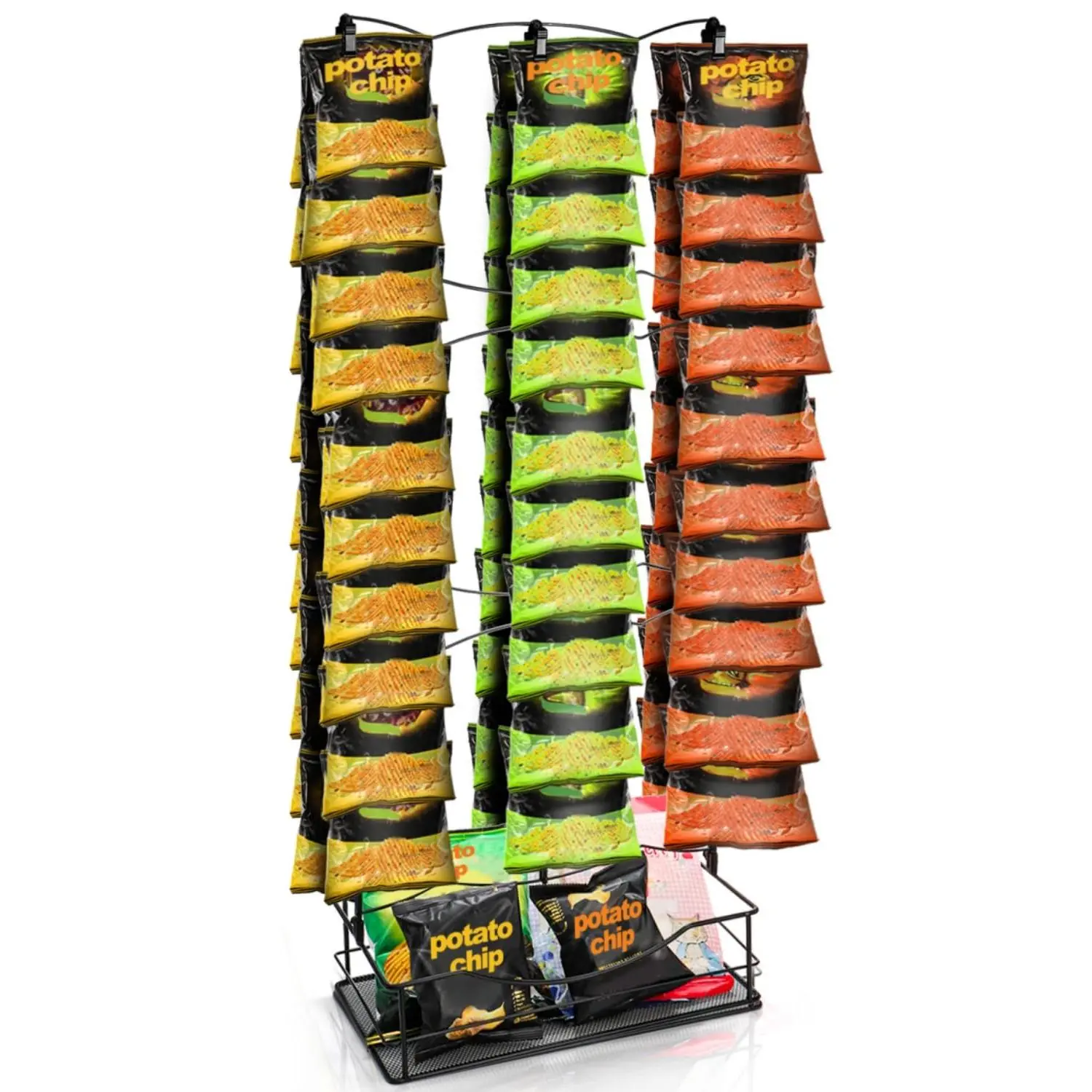 Chip Rack Display Stand  3 Row 60 Clips Large Snack Retail With Basket Countertop Potato Bag Candy Organizer Store Concession For Party Pantry Office Vendor Events