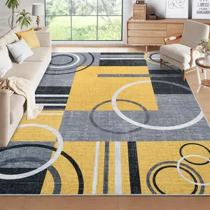 GARVEE Area Rug 4x6 Washable Rugs for Living Room Modern Abstract Circle Rugs Non Slip Long Rug Stain Resistant Low Pile Indoor Floor Carpet for Bedroom Home Decor, Yellow