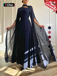 1pc Elegant Formal Evening Long Dress with Cape Sleeve, Wedding Guest Dress Women
