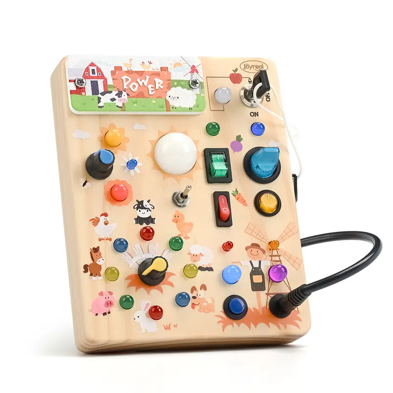 Joyreal Montessori Sensory Busy Board, Square-Shaped Wooden Busy Board with LED Light Up Switches, Portable Learning Kids Toys,Christmas Gifts Ideas, #backtoschool