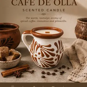 Café de Olla Wooden Wick Candle - Cinnamon Coffee Scented Fragrance Aroma Freshener in Authentic Mug, Home Decor for Room