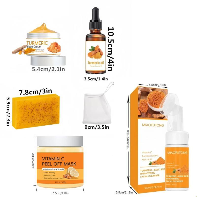 Turmeric Care Kit, 6 Counts/set Including Soap and Cleansing Pad & Mousse Cleanser &  Counts Essential Oil & Peel Off Mask & Soap Bag, Care Kit for Women & Men Christmas gifts