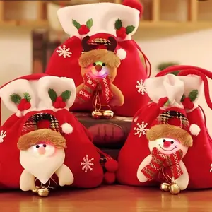 Festive Christmas Drawstring Gift Bags 3Pcs Reusable Soft Flannel Pouches with LED Light-Up Santa Snowman Elk Characters for Small Presents Stocking Stuffers 13 Inches Height