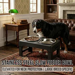17.1" Wide Elevated Stainless Steel Slow Feeder Bowl with 3-Height Adjustable Stand, Neck Protection, Joint Relief, Anti-Tipping, Spill-Proof, Non-Slip Pet Diner for Medium & Large Dogs