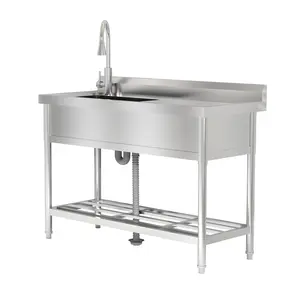Freestanding Stainless Steel Utility basin – Single Basin, Integrated Workbench, Heavy-Duty 360° Pull-Out Faucet, Hot & Cold Water – Robust Commercial Prep basin for Indoor & Outdoor Kitchen and Laundry Use