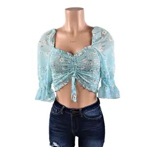 Semi Sheer Evangeline Crop Top - Final Sale Floral Square Neck Polyester Shirts