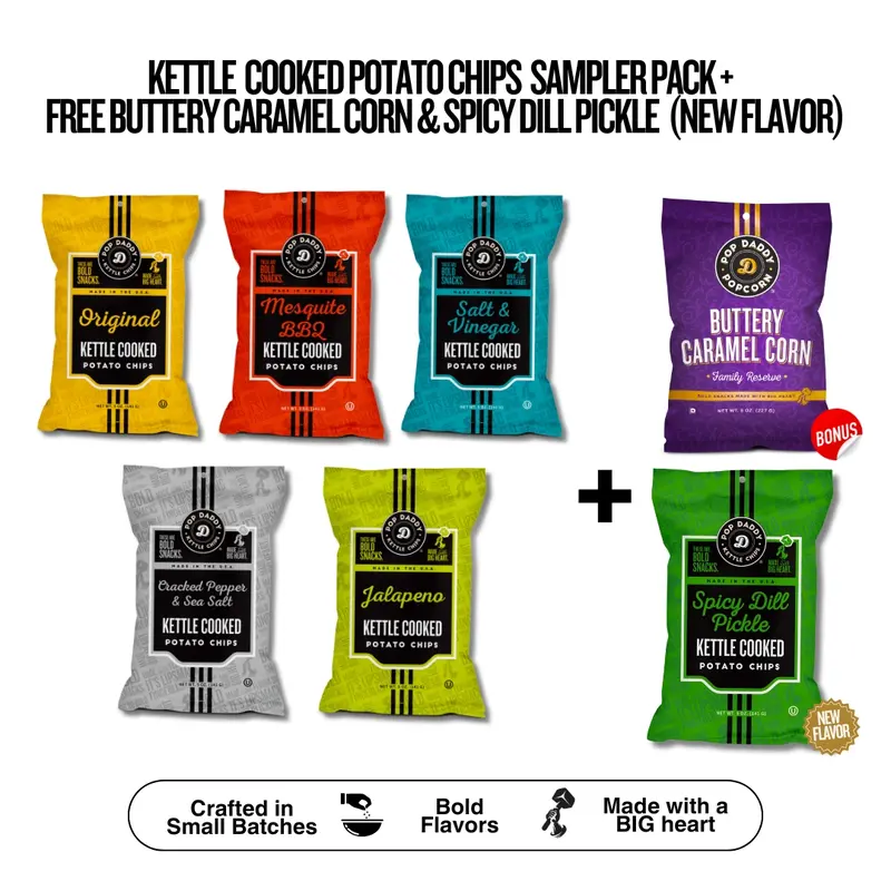 Pop Daddy Kettle Cooked Potato Chips Sampler Pack + BUTTERY CARAMEL CORN (BONUS!!) + SPICY DILL PICKLE (NEW FLAVOR!!) | 6 pack