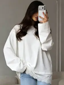 White Lace Tee Shirt White Women's T-Shirt Spring 2026 Casual Women's O-Neck Oversized Long Sleeve Top Brunch Dates Streetwear T-Shirts Womenswear