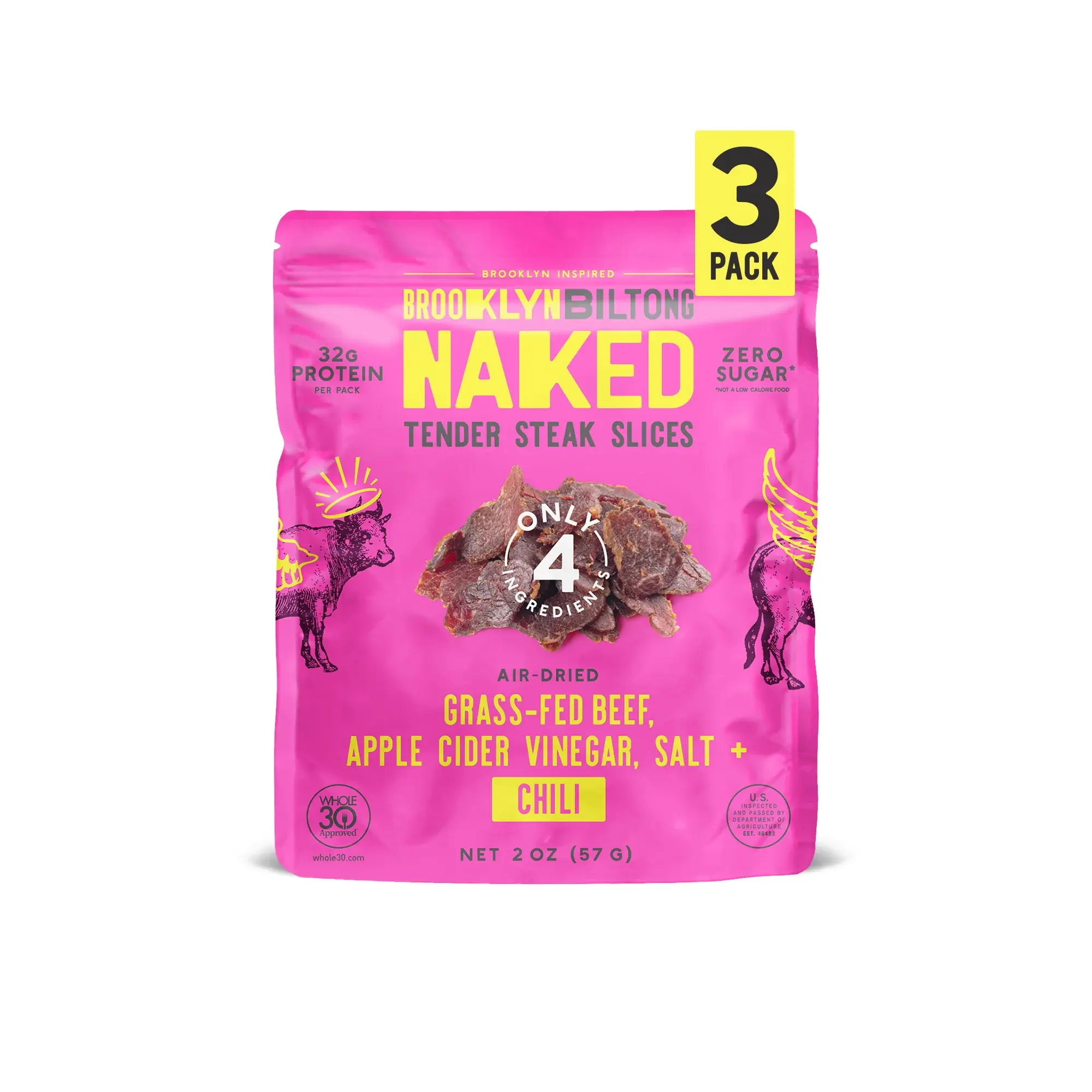 Naked Chili (Spicy) Tender Air-Dried Steak Slices, The Ultimate High Protein Snack, No Sugar Gluten Free - 3 x 2oz Bags