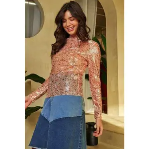 Davi & Dani Sequin Mock Neck Long Sleeve Mesh Top