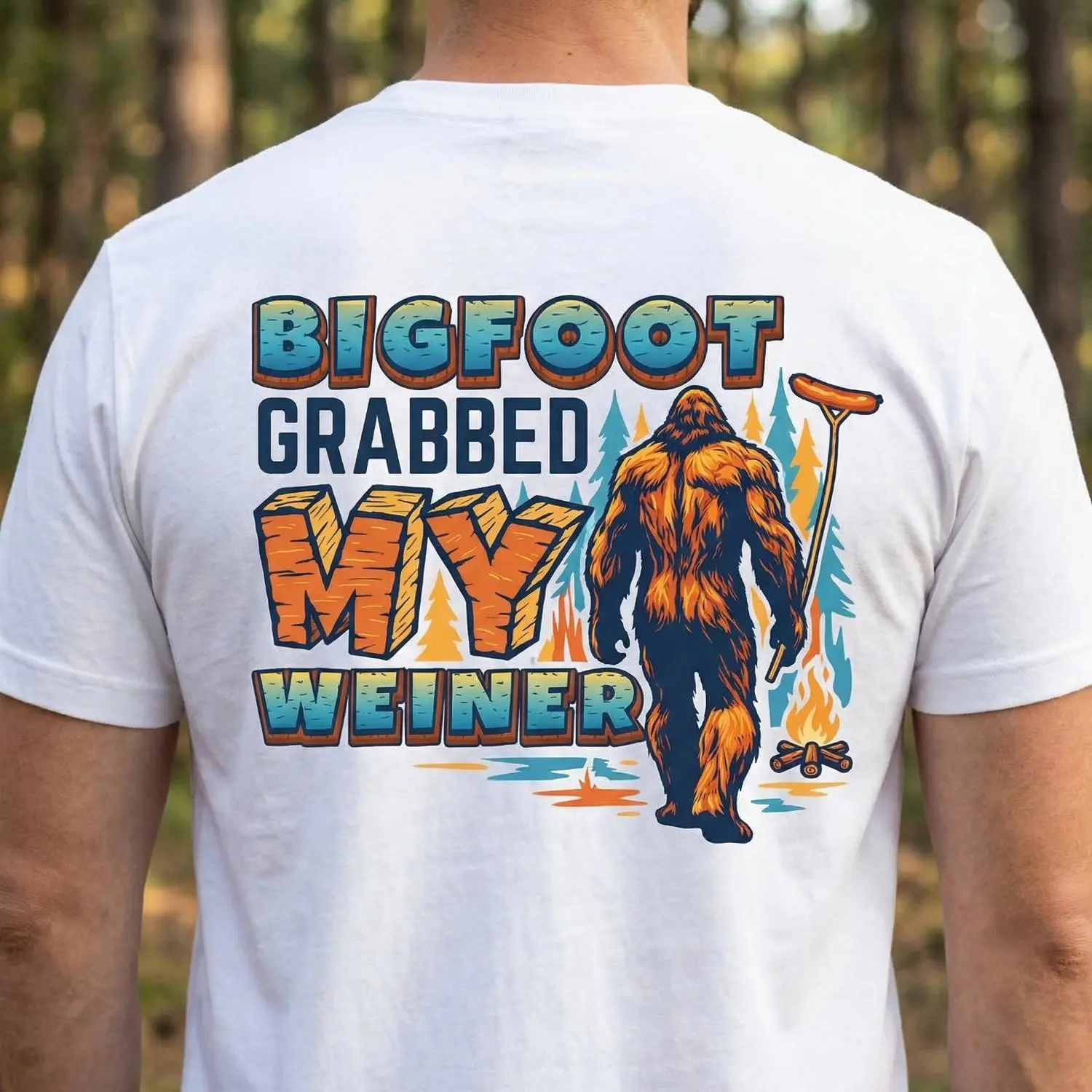 Bigfoot Caught My Weiner Men S T Shirt Cotton Casual Streetwear Crewneck Graphic Tee for Parties and Events