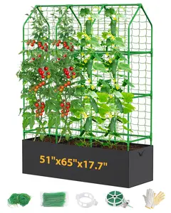Cucumber Planter with Trellis for Climbing Plants Outdoor, Metal Garden Trellis for Raised Bed, Plant Support Structures with Netting for Cucumbers Tomatoes Beans Peas (50 * 17 * 65inch(L*W*H)