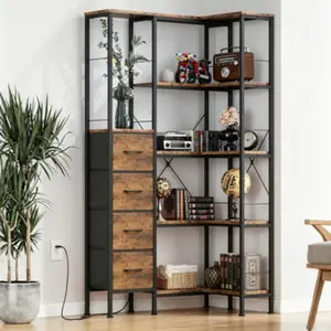 5-Tier Rustic Brown Industrial Corner Bookshelf, Convertible Wooden Display Shelf with LED Light Strips and 4 Fabric Storage Drawers, Freestanding Large Bookcase for Living Room, Bedroom, Home Office