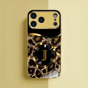 Cool Black Gold Leopard Print Letter J Electroplated Gold Translucent Phone Case for iPhone 17ProMax/17E/16Pro/15Plus/14ProMax/13/12/11Pro Fashionable Avant-garde Christmas Gift High-end Protective Cover