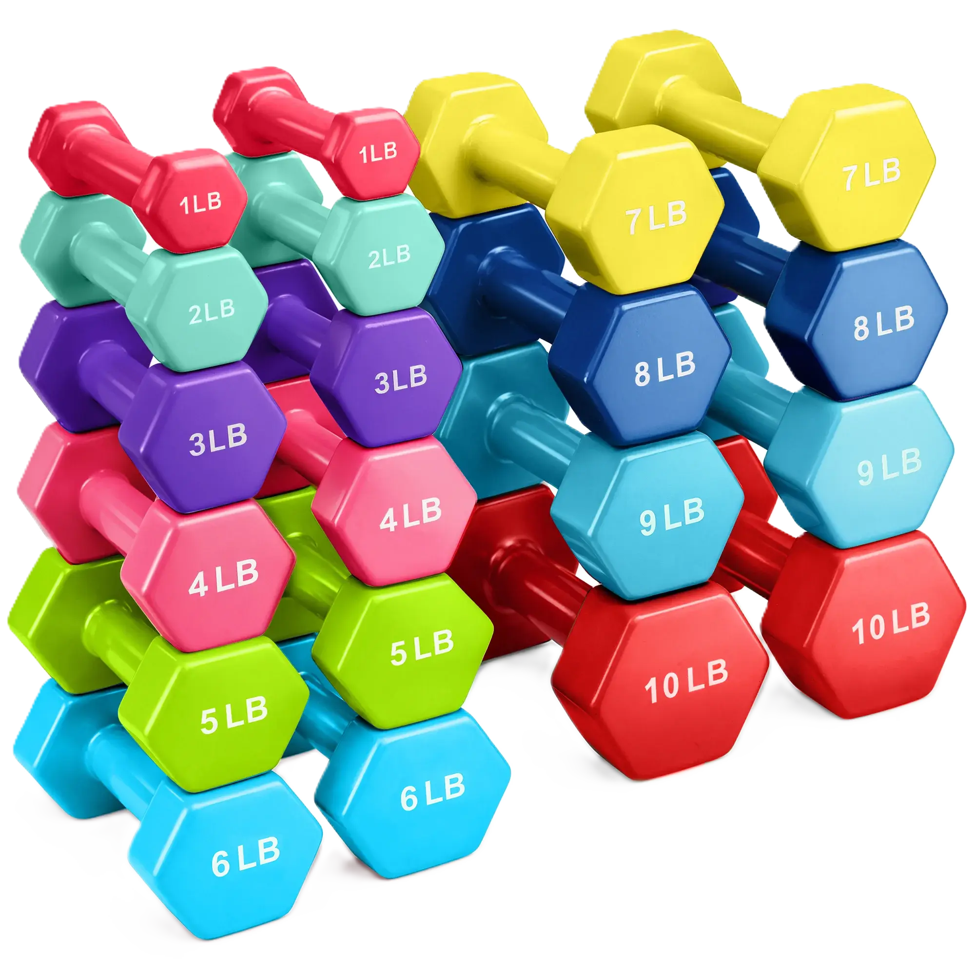 French Fitness Colorful Hex Vinyl Dumbbell Set 1 to 10 lbs w/Rack (New)