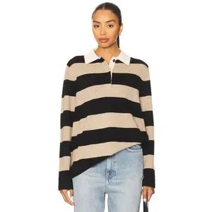 White & Warren Cashmere Rugby Stripe Polo in Taupe/black