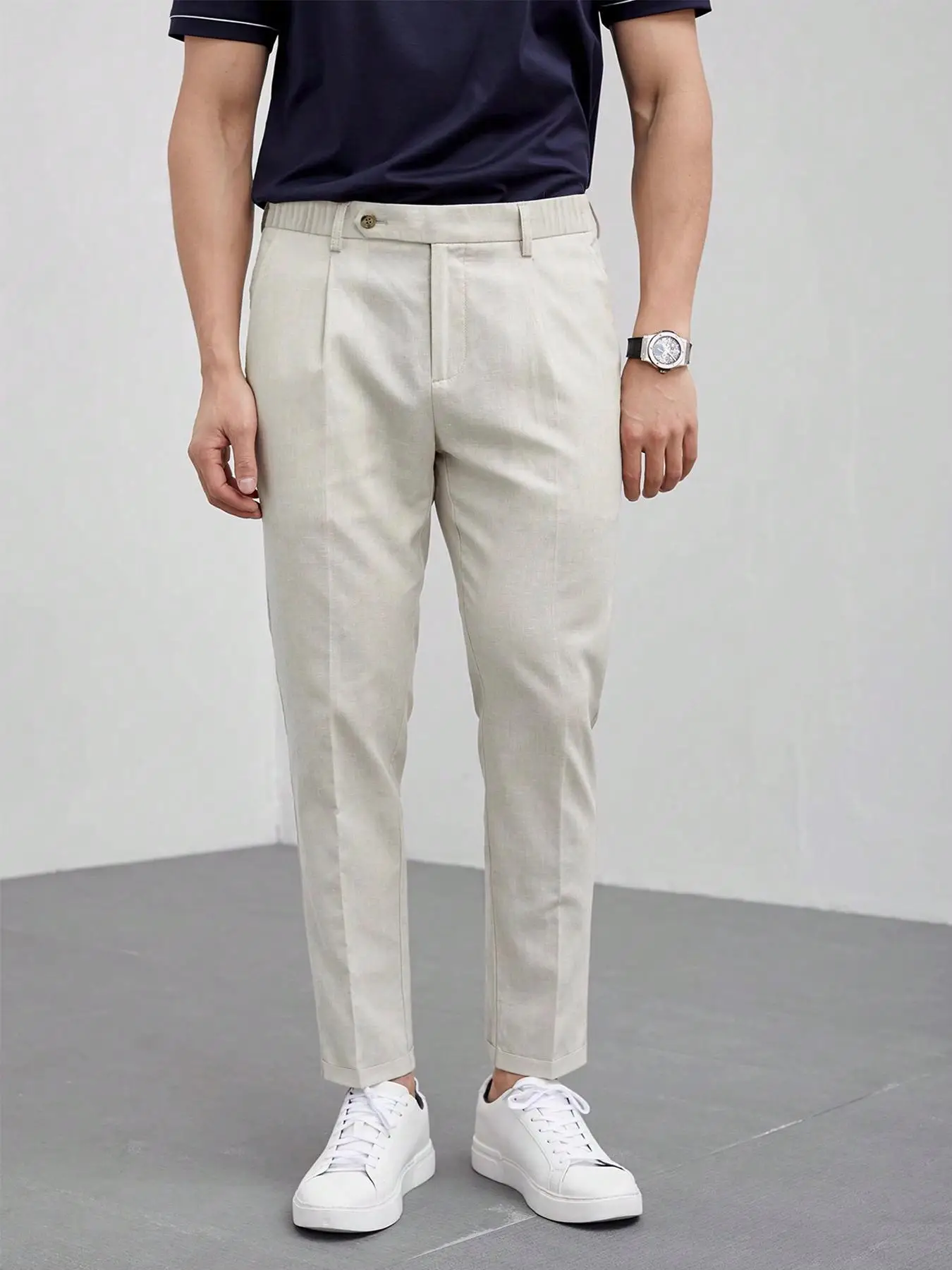 Men's Solid Button Front Elastic Waist Suit Pants, Business Casual Regular Fit High Waist Slim Trousers For Work Office, Menswear For All Seasons, Nat