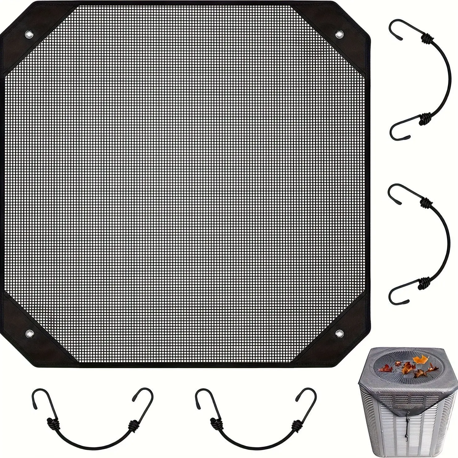Air Conditioner Mesh Cover Top Only, Breathable Square HVAC Condenser Guard Protect from Leaves Debris, Black Heavy Duty Screen with Hook Buckle, Universal 28×28 Inch