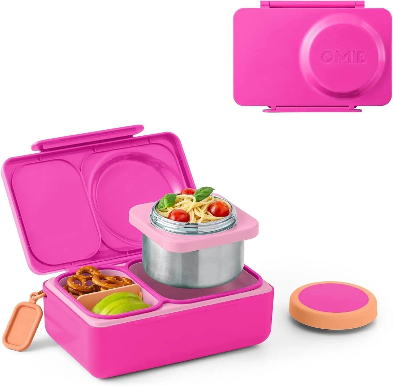 Omie Omiebox up Bento Box for Kids | Insulated Lunch Box | Leak Proof Vacuum Insulated Thermal Food Jar | Cooler Ice Pack | 2 Compartments (Pop Pink)
