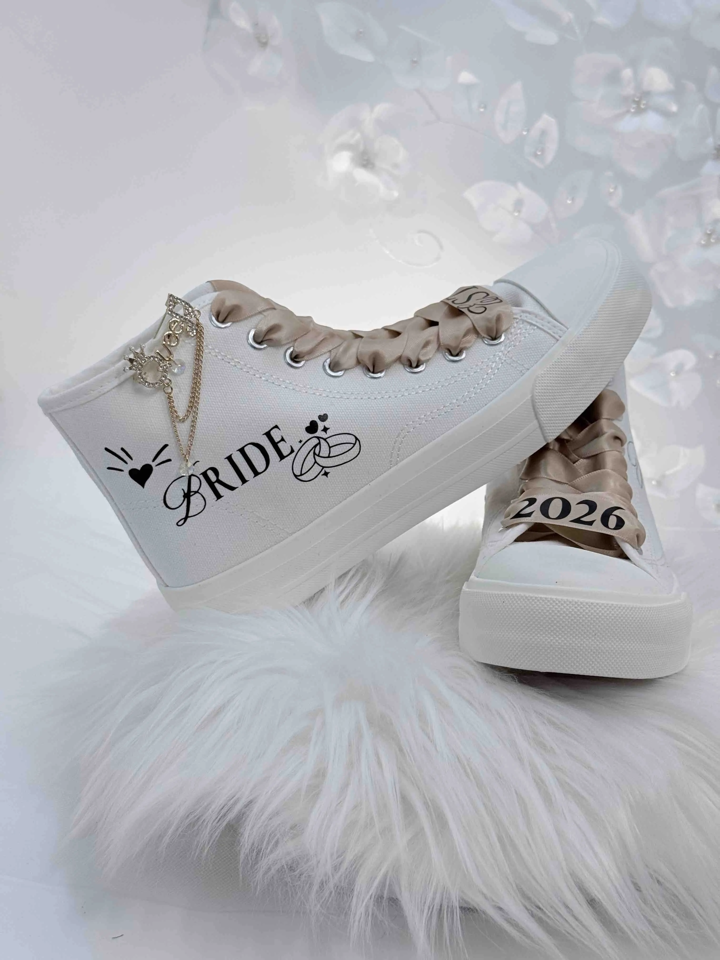 Bride 2026 Ivory High Top Personalizable Sneakers with luxury bright applique charm