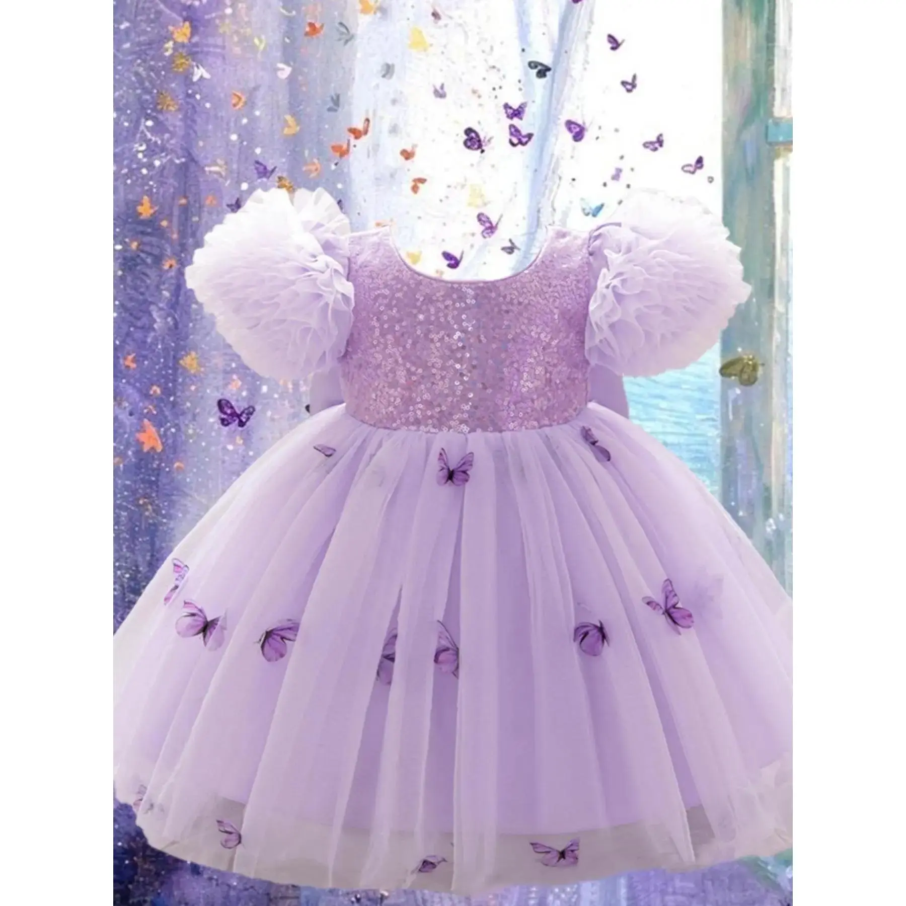 New Girls' Butterfly-Themed Bow-Back Mesh Dress - Puff Sleeve, Short Sleeve, Contrast Sequin Tutu Dress for Party, All-Season Kids' Clothing