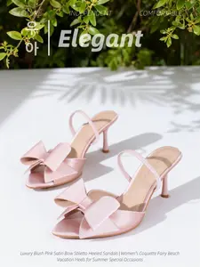 New Spring Summer Women's Blush Pink Satin Oversized Bow Heeled Sandals | Open Toe Elastic Ankle Strap Stiletto Mules | Coquette Fairy Elegant High Heels for Beach Vacation, Date Night, Brunch, Wedding Guest, Evening Party & Daily Summer Wear