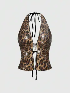 SHANIAH Grunge Punk Women's Punk Pop Star Summer Beach Party Festival Street Fashion Millennium Y2K Halter Sexy Leopard Sequin Cross Pendant Tank Top