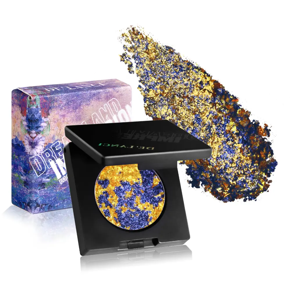Delanci Blue-Gold-Blue Purple Dreamland Duo Chrome Eyeshadow Palette - Vegan, Non-Toxic, 3D Bling Effect, Waterproof Nourishing Setting Powder Cosmetic for Daily Creative Makeup Transformation, Makeup Enthusiasts