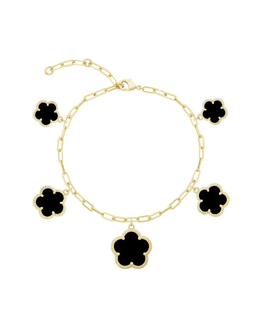 JanKuo Flower 14K Plated Onyx Dangle Bracelet