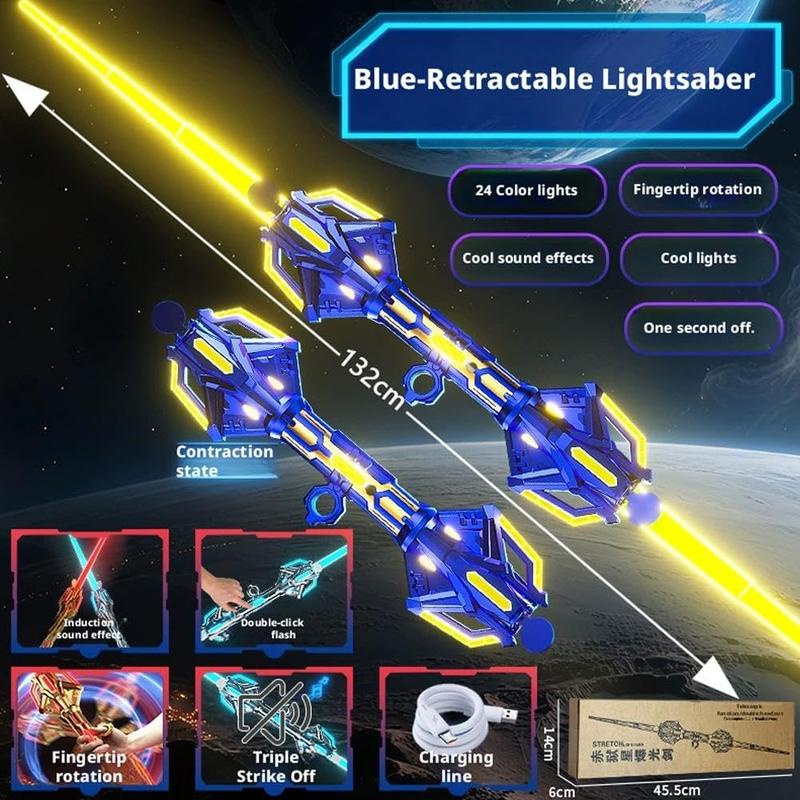Lightsaber Toy for Kids & Adults, 24 LED Light Modes Double Blade Retractable Sword with Sound Effects, Extendable Spinning Light Saber for Cosplay, Party, Gift, Sci-Fi Role Play (Blue 1pcs)
