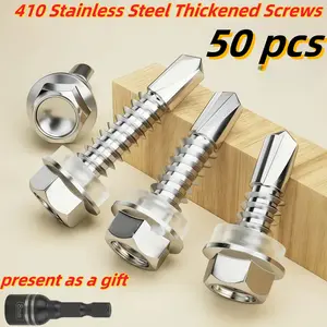A Pack of 50 Hex Washer Head TEK Self-Tapping Screws Made of 410 Stainless Steel, With Free Sockets, These Screws Feature a 5Mm Coarse Thread Suitable for Metal And Furniture Applications, Magnetic, Full Thread Right-Hand Op, Hardware