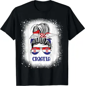 100%cotton Croatian Woman Messy bun kids Girls Croatia flag Bleached T-Shirt