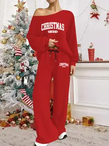 Elegant wide leg pants with off shoulder long sleeves set, gingerbread man pattern, Christmas set, sloping shoulder design is both fashionable and trendy, Casual, comfortable high waisted pants suitable for women, suitable for daily and holiday wear