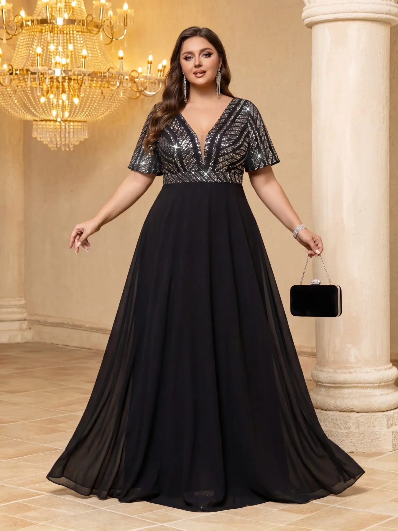 Plus Size Women's V Neck Sequin Patchwork Fabric Chiffon Dress, Elegant Formal Wear Evening Gown, Perfect for Parties and Special Occasions
