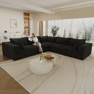 118.2" Cloud Sofa Couch Corduroy Fabric,Deep Seat Couches,Double-layer design,Removable Cushion,No Assembly, DIY Combination for Living room, Bedroom,Conference room ,Apartment,Black