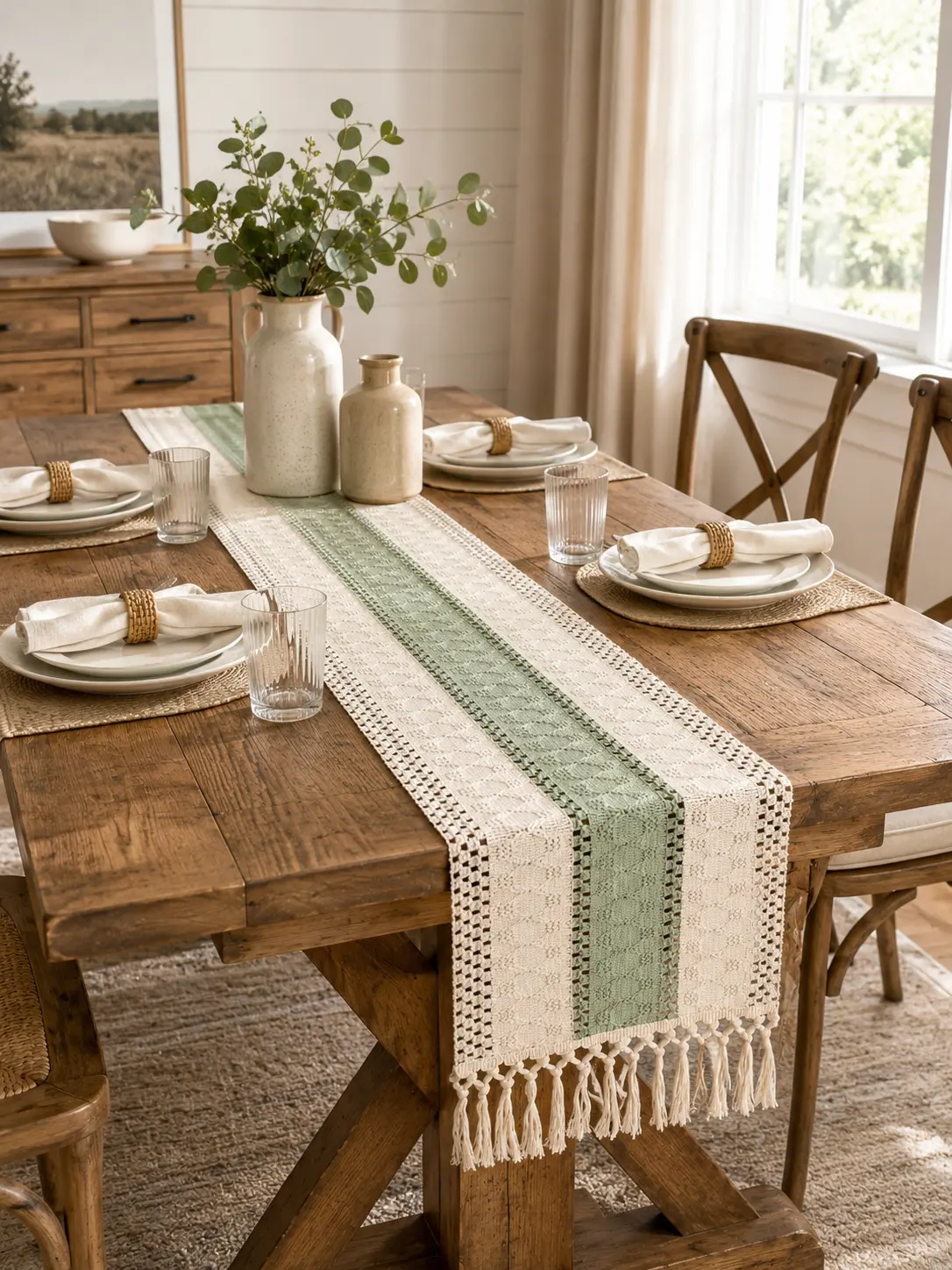 【2026 Trending Sage Green】Boho Woven Table Runner with Tassels | Healing Biophilic Aesthetic Coffee Table Cover