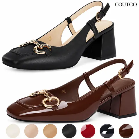 Coutgo Womens Slingback Block Heels Closed Square Toe Dress Work Shoes Slip on Buckle Strap Business Pumps