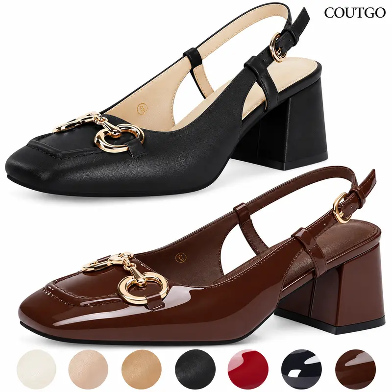 Coutgo Womens Slingback Block Heels Closed Square Toe Dress Work Shoes Slip on Buckle Strap Business Pumps